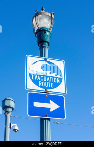 Cartello di evacuazione dello tsunami, Embarcadero, Fisherman's Wharf, Fisherman's Wharf District, San Francisco, California, Stati Uniti Foto Stock