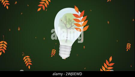 Immagine di foglie che fluttuano sopra la lampadina con albero su sfondo verde Foto Stock