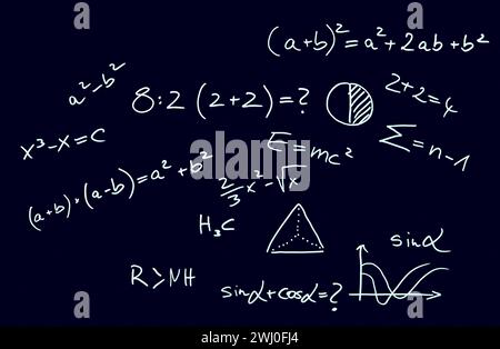 Lavagna per risolvere le equazioni matematiche. Esempi sulla lavagna. Primo piano. Foto Stock