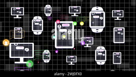 Immagine del testo dell'intelligenza artificiale, delle icone e dell'elaborazione dei dati sugli schermi del computer Foto Stock