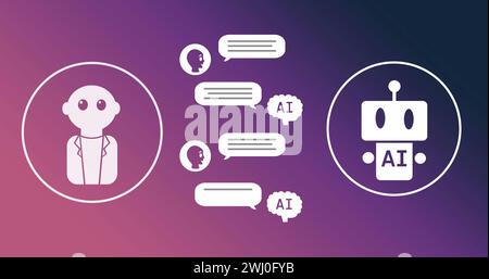 Immagine del testo dell'IA, delle icone e dell'elaborazione dei dati su sfondo viola Foto Stock