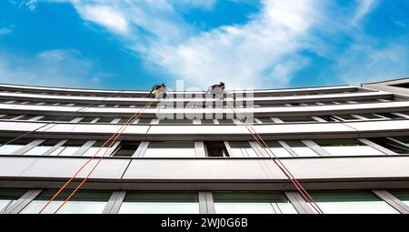 Gli scalatori industriali lavano le finestre di un edificio curvo. Detergenti per vetri per la pulizia dei vetri Foto Stock