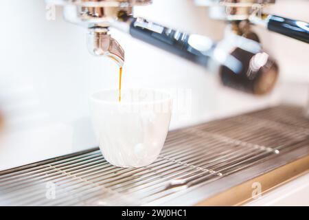 Primo piano del caffè erogato dalla macchina per il caffè. Preparazione professionale del caffè. Foto di alta qualità Foto Stock