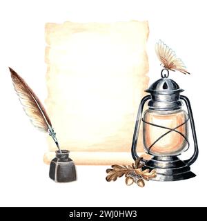 Lanterna d'epoca con materiale da scrittura. Carta pergamena scritta a mano, penna di piume, pozzetto di inchiostro, farfalla e rami di quercia. Acquerello isolato disegnato a mano Ill Foto Stock