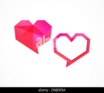 Set di icone creative. Segni parlanti. In vetro colorato. Concetto di etichette di vendita. Simbolo di discussione. Logo cuore di carta. Idea creativa con il blo rosa Illustrazione Vettoriale