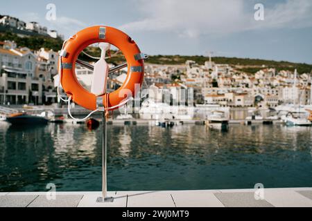 Una vita arancione su un palco sulla costa della baia di Lustica. Montenegro Foto Stock