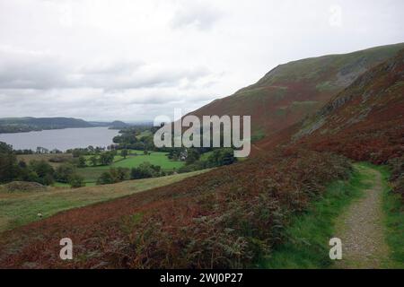 Il lago Ullswater e il Wainwright 'Bonscale Pike' da Coombs a Bridleway da Martindale a Howtown nel Lake District National Park, Cumbria. Foto Stock