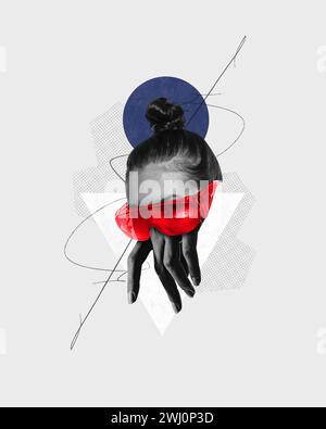 Poster, collage d'arte contemporanea. Donna con occhiali da sole rossi dalle forme geometriche astratte blu e bianche. Design astratto. Foto Stock