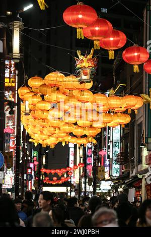 Yokohama, Giappone. 11 febbraio 2024. I turisti visitano la Chinatown di Yokohama, Giappone, 11 febbraio 2024. I turisti sono venuti a Chinatown per godersi l'atmosfera festosa del Festival di primavera. Crediti: Yue Chenxing/Xinhua/Alamy Live News Foto Stock