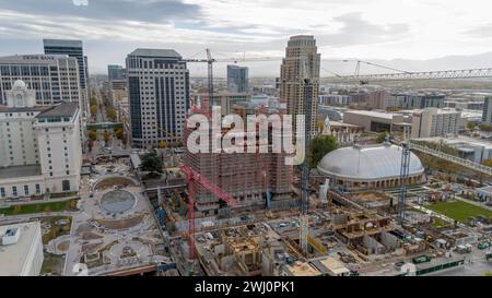 Vista aerea di Temple Square in fase di ristrutturazione a Salt Lake City, Utah Foto Stock