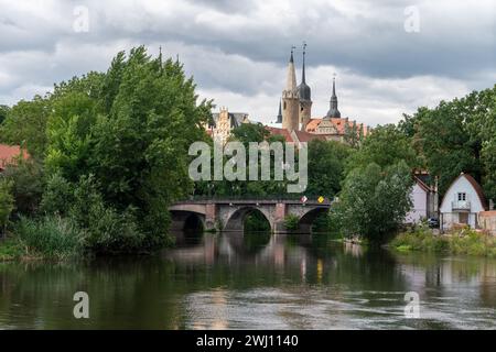 Vista dalla Saale al castello e alla cattedrale di Merseburg Foto Stock