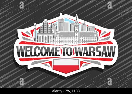 Logo vettoriale per Varsavia, etichetta decorativa bianca con contorno raffigurante il paesaggio panoramico della città di varsavia sullo sfondo del cielo diurno, rifrangente del design artistico Illustrazione Vettoriale