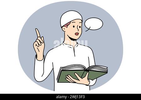 Uomo arabo in headwear tradizionale lettura dal Corano. Il maschio musulmano fa il discorso tenendo il Corano nelle mani. Religione e concetto di fede. Illustrazione vettoriale. Illustrazione Vettoriale