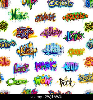 Street art con graffiti, motivo urban style senza cuciture. Stampa di carta da parati per graffiti con aerografo per cultura hip hop. Motivo vettoriale tessile con musica, cool, Love e WOW, rock, vernice magica testo per pareti Street art Illustrazione Vettoriale