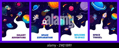 Poster e volantini spaziali. Astronauti ragazzini cartoni animati, personaggi alieni, lancio di astronavi e paesaggio stellato di galassie con pianeti e stelle. Le carte vettoriali con simpatici cosmonauti spiccano senza peso Illustrazione Vettoriale