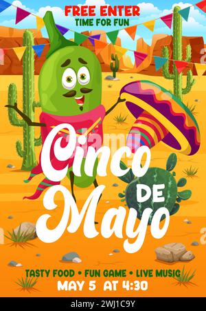 Personaggio del peperoncino Jalapeno sul volantino delle festività messicane di Cinco de mayo. Invito vettoriale per feste con personaggi di guindilla verde cartone animato indossa sombrero nel deserto con cactus e ghirlande festose Illustrazione Vettoriale