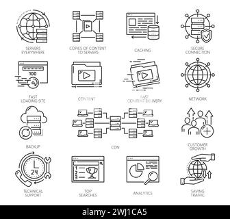CDN, icone della rete per la distribuzione dei contenuti. Server proxy e computer thin line vettoriali per data center. La tecnologia Web delinea i segnali della distribuzione di contenuti digitali, del database, dei file multimediali e della sicurezza dei documenti Illustrazione Vettoriale