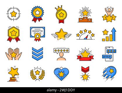 Classificazione della qualità icone a colori, classifica, premi, simboli a stelle di grado. Vector thin line star del trofeo di migliore qualità, medaglia del vincitore, premio del successo e premio del campione. Segnali di presentazione della revisione e del feedback dei clienti Illustrazione Vettoriale