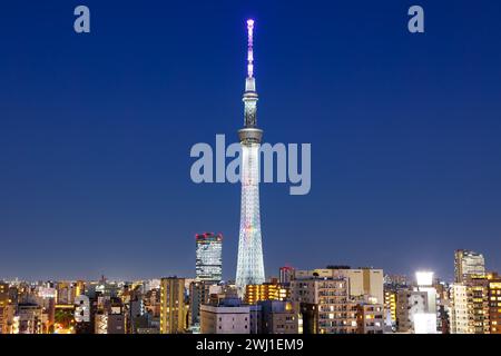 Tokyo Skytree Tower con i grattacieli dello skyline di notte a Tokyo, Giappone Foto Stock