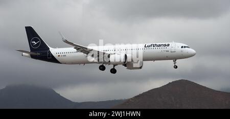 Tenerife, Spagna 11 febbraio 2024. Airbus A321-271NX Lufthansa Airlines vola nelle nuvole buie. Atterraggio all'aeroporto di Tenerife Foto Stock