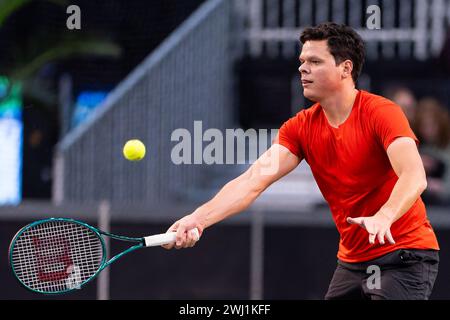 Rotterdam, Paesi Bassi. 12 febbraio 2024. ROTTERDAM, PAESI BASSI - 12 FEBBRAIO: Milos Raonic del Montenegro durante il primo giorno dell'ABN AMRO Open 2024 ad Ahoy il 12 febbraio 2024 a Rotterdam, Paesi Bassi. (Foto di Joris Verwijst/Agenzia BSR) credito: Agenzia BSR/Alamy Live News Foto Stock