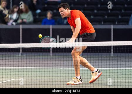 Rotterdam, Paesi Bassi. 12 febbraio 2024. ROTTERDAM, PAESI BASSI - 12 FEBBRAIO: Milos Raonic del Montenegro durante il primo giorno dell'ABN AMRO Open 2024 ad Ahoy il 12 febbraio 2024 a Rotterdam, Paesi Bassi. (Foto di Joris Verwijst/Agenzia BSR) credito: Agenzia BSR/Alamy Live News Foto Stock