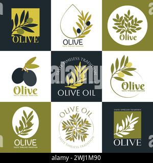 Set di loghi vettoriali di ramoscello, albero, foglie e gocce. Moderne icone vettoriali dell'olio d'oliva. Concept di branding per azienda produttrice di olio d'oliva, biologico Illustrazione Vettoriale