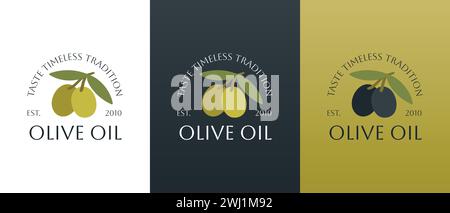 Logo vettoriale delle olive con foglie. Moderne icone vettoriali dell'olio d'oliva. Concetto di branding per l'azienda produttrice di olio d'oliva, olio biologico ed ecologico Illustrazione Vettoriale