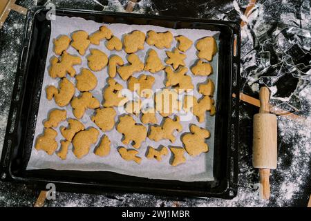 I biscotti di Natale al forno si trovano sulla carta da forno su un vassoio su un tavolo infarinato. Vista dall'alto Foto Stock