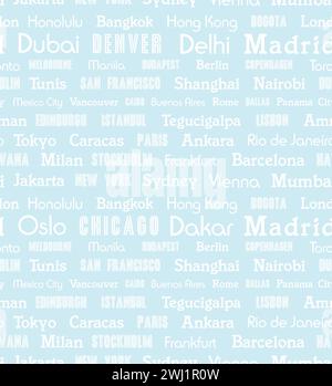 Un motivo perfetto per i nomi delle città di moda. Stampa di moda blu bianca per destinazioni di viaggio. Illustrazione Vettoriale