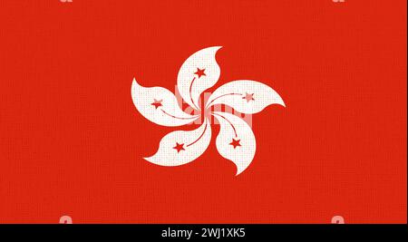 Bandiera di Hong Kong sulla superficie del tessuto. Bandiera nazionale di Hong Kong su sfondo strutturato. Struttura del tessuto. Foto Stock