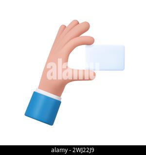 la mano 3d tiene fuori l'etichetta o l'etichetta di carta bianca. Un uomo d'affari che tiene un white paper. scheda di carta vuota con spazio per la copia. rendering 3d. Illustrazione vettoriale Illustrazione Vettoriale