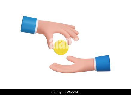 Le mani dei personaggi dei cartoni animati 3d danno e prendono la moneta d'oro. Pagamenti e acquisti, buoni affari, stipendio, beneficenza, corruzione, concetto regalo. 3d rende Illustrazione Vettoriale