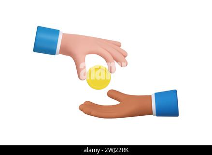 Le mani dei personaggi dei cartoni animati 3d danno e prendono la moneta d'oro. Pagamenti e acquisti, buoni affari, stipendio, beneficenza, corruzione, concetto regalo. 3d rende Illustrazione Vettoriale
