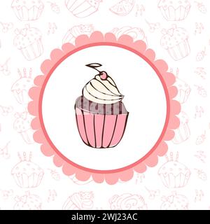 simpatico modello di sfondo per cupcake per la panificazione. Illustrazione vettoriale con contorno sfondo rosa cupcake e etichetta con icona muffin con ciliegia. Disegnare a mano il modello di cibo per la panificazione. Stile vintage. Illustrazione Vettoriale