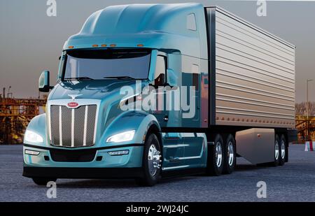 Szczecin,Polonia-febbraio 2024:Tpeterbilt 579 Sleeper Cab motrice motrice.rendering 3d. Foto Stock