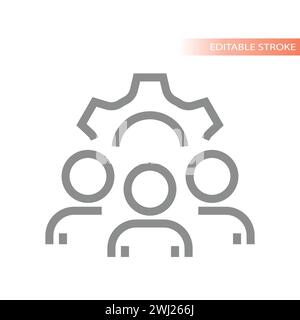 Gruppo di persone e icona del vettore della linea dell'ingranaggio. Simbolo delle risorse umane o del lavoro di squadra. Illustrazione Vettoriale