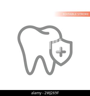 Icona del vettore della linea di schermatura e del dente. Simbolo di protezione e cura dentale. Illustrazione Vettoriale