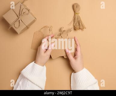 Le etichette rettangolari di carta marrone con corde sono tenute da mani femminili, vista dall'alto Foto Stock