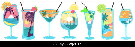 Cocktail estivi serviti con un design naturale e senza cuciture Illustrazione Vettoriale