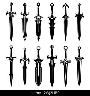 Set di icone di spade fantasy. Spade medievali e armi futuristiche per l'interfaccia di gioco. Set di cartoni animati di fantasia metal longspwords. Illustrazione vettoriale Illustrazione Vettoriale