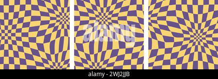 Set di motivi quadrati a scacchiera Vibes degli anni '70. Sfondi griglia astratti in stile retro psichedelico nei colori giallo e viola. Illustrazione Vettoriale