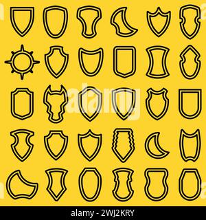 Set di icone nere con scudo araldico. Illustrazione vettoriale. Stemma silhouette di protezione della collezione. Illustrazione Vettoriale