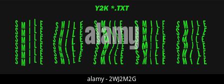 Raccolta di parole scritte psichedeliche - SORRISO. Parole psichedeliche retrò futuristiche. Forme geometriche surreali sulle parole, wireframe cyberpunk astratto. Illustrazione Vettoriale