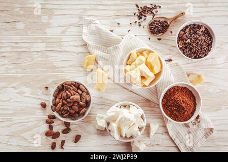 Fagioli di cacao, cioccolato, burro di cacao, pennini e cacao in polvere, ingredienti da forno Foto Stock