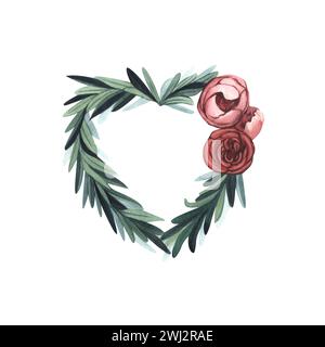 Corona di fiori rosa e foglie a forma di cuore. Illustrazione ad acquerello disegnata a mano isolata su sfondo bianco. Biglietto per il matrimonio, Valentines Foto Stock