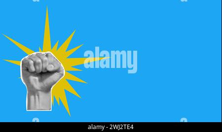 Concetto di protesta. Striscione collage mezzitoni, pugno rialzato su sfondo blu. Stile moderno e minimalista per poster, striscioni e sfondo. Illustrazione vettoriale Illustrazione Vettoriale