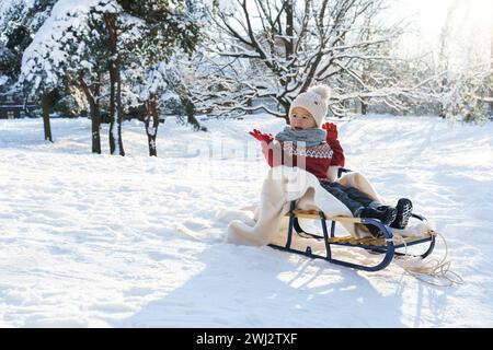 Bambino seduto sulla slitta in un parco cittadino innevato durante le soleggiate giornate invernali Foto Stock