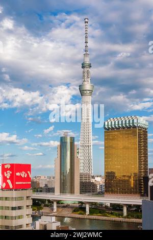La famosa torre Tokyo Skytree e gli edifici del quartier generale Asahi nel quartiere di Sumida Foto Stock
