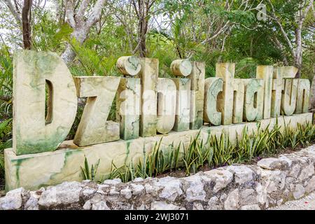 Merida Messico, sito archeologico di Dzibilchaltun Parco Nazionale, rovine della città della civiltà Maya, zona Arqueologica de Dzibilchaltun, grande cartello entranc Foto Stock